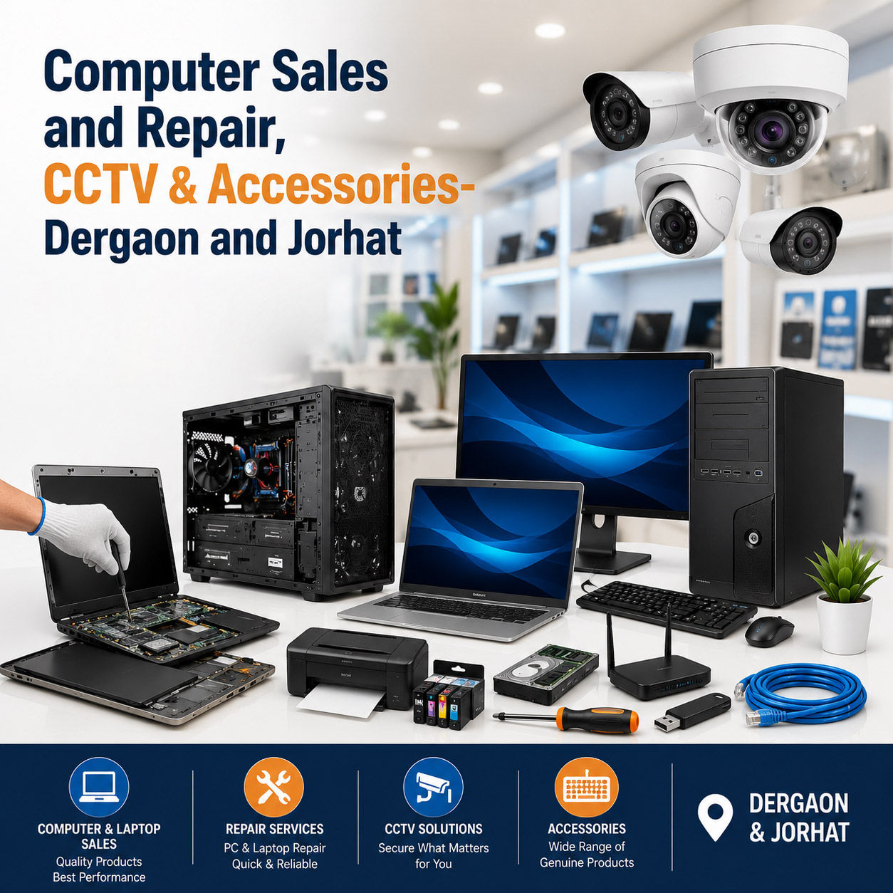 AI Computer technician working on computer hardware and CCTV setup